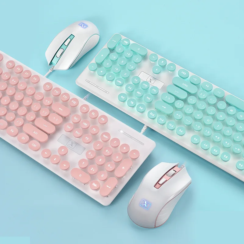Retro Gaming Mini Pc - สีชมพู Retro คีย์บอร์ดและเมาส์ชุดรอบ Keycap Steampunk คีย์บอร์ดมัลติมีเดียปุ่ม