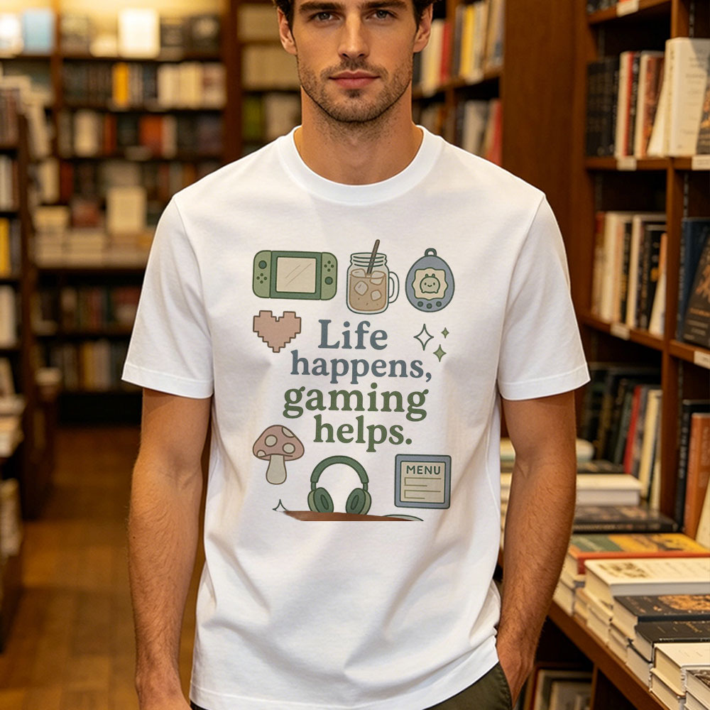 Retro Gaming Life - Life Happens Gaming Helps เสื้อยืดลายกราฟิกน่ารักสไตล์เรโทร เกมเมอร์